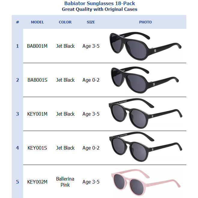 Babiator Sunglasses 18-Pack