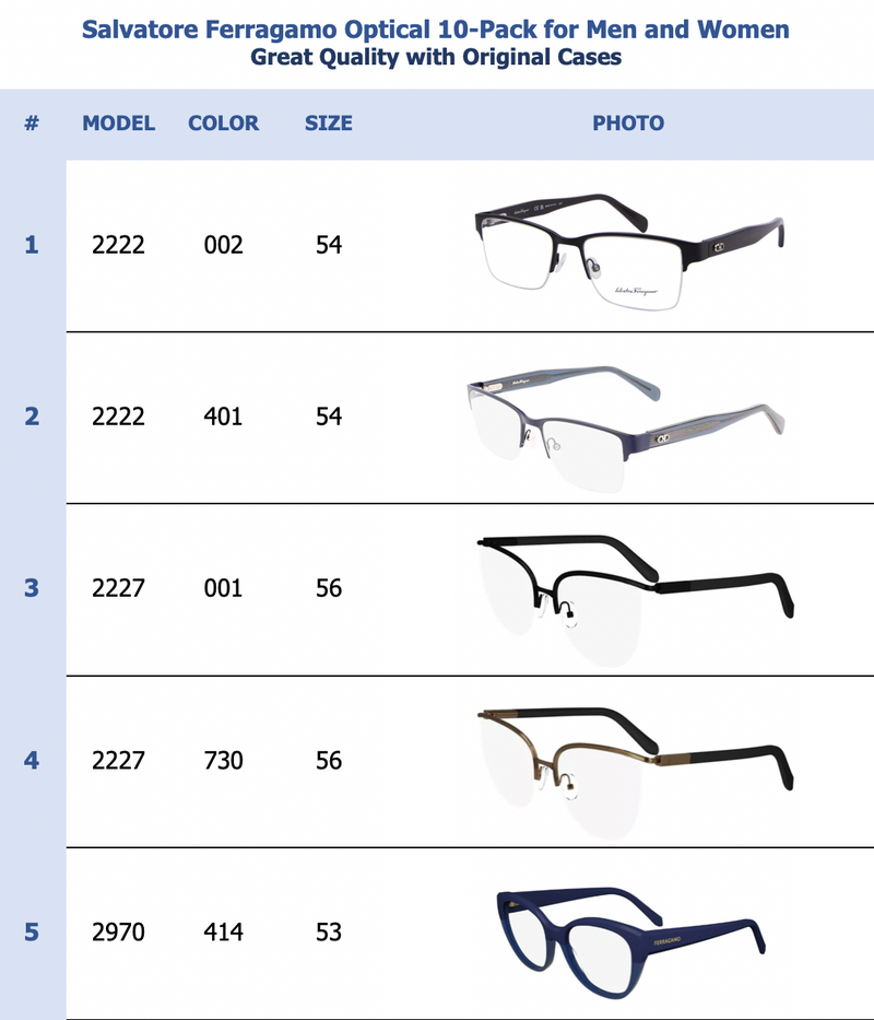 Salvatore Ferragamo Optical 10-Pack for Men and Women