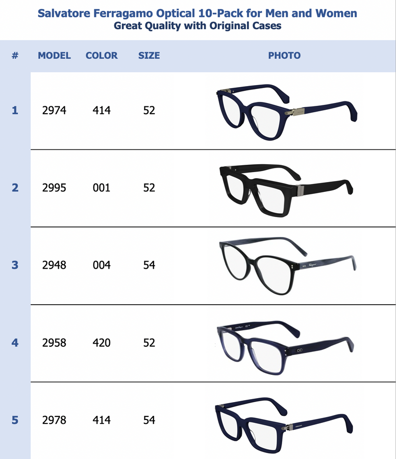 Salvatore Ferragamo Optical 10-Pack for Men and Women