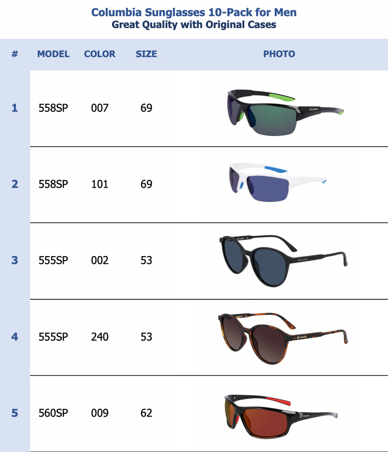 Columbia Sunglasses 10-Pack for Men
