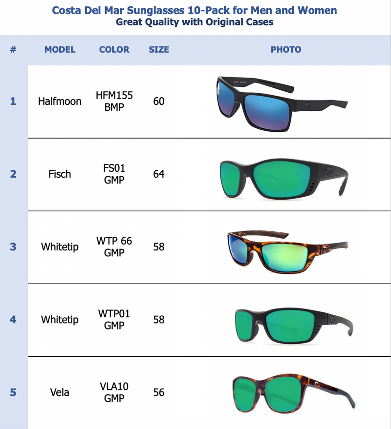 Costa Del Mar Plastic Sunglasses 10-Pack for Men and Women