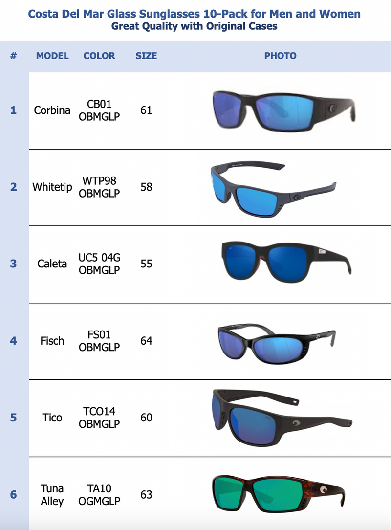 Costa Del Mar Glass Sunglasses 10-Pack for Men and Women