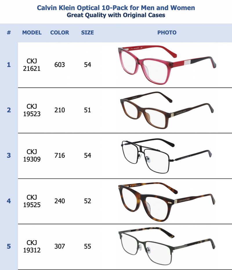 Calvin Klein Optical 10-Pack for Men and Women