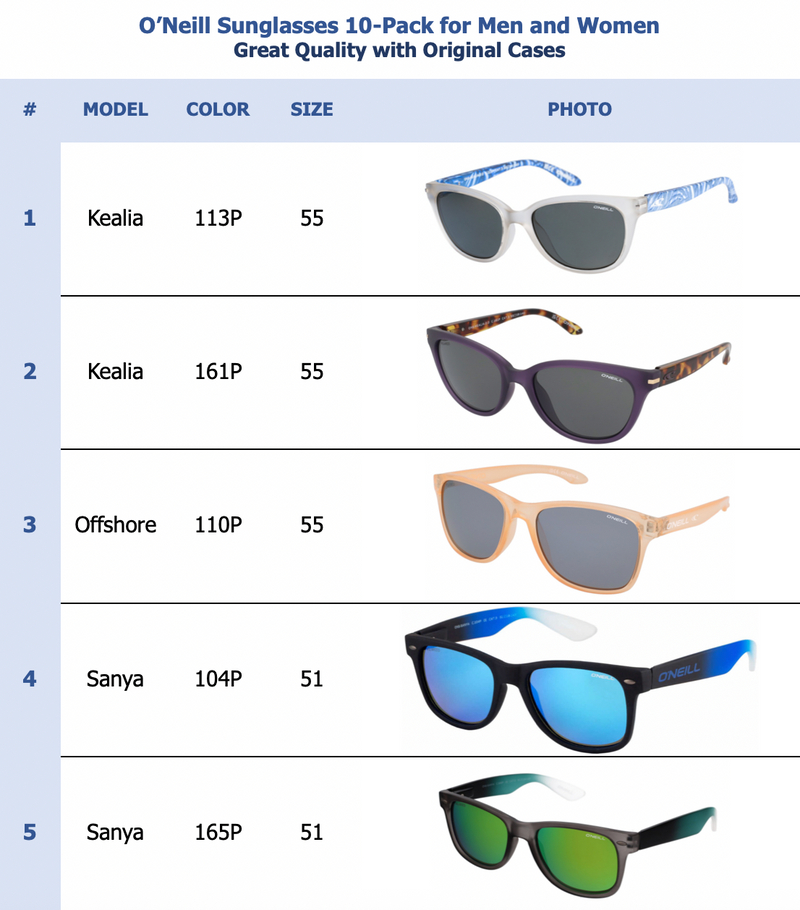 O'Neill Sunglasses 10-Pack for Men and Women