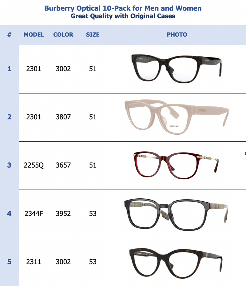 Burberry Optical 10-Pack for Men and Women