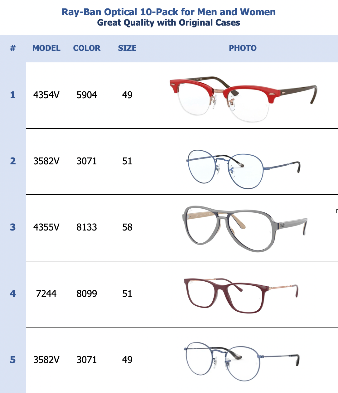 Ray-Ban Optical 10-Pack for Men and Women