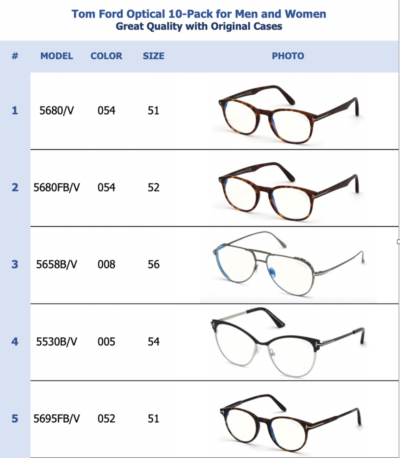 Tom Ford Optical 10-Pack for Men and Women