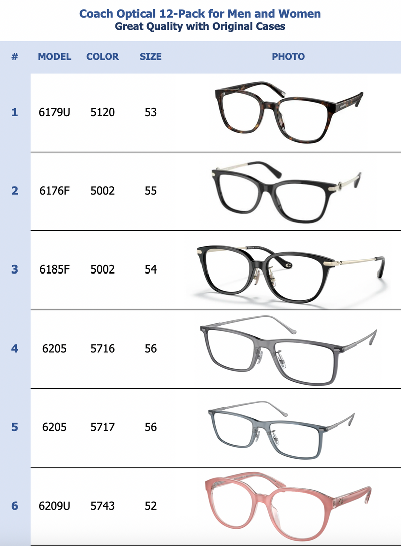 Coach Optical 12-Pack for Men and Women