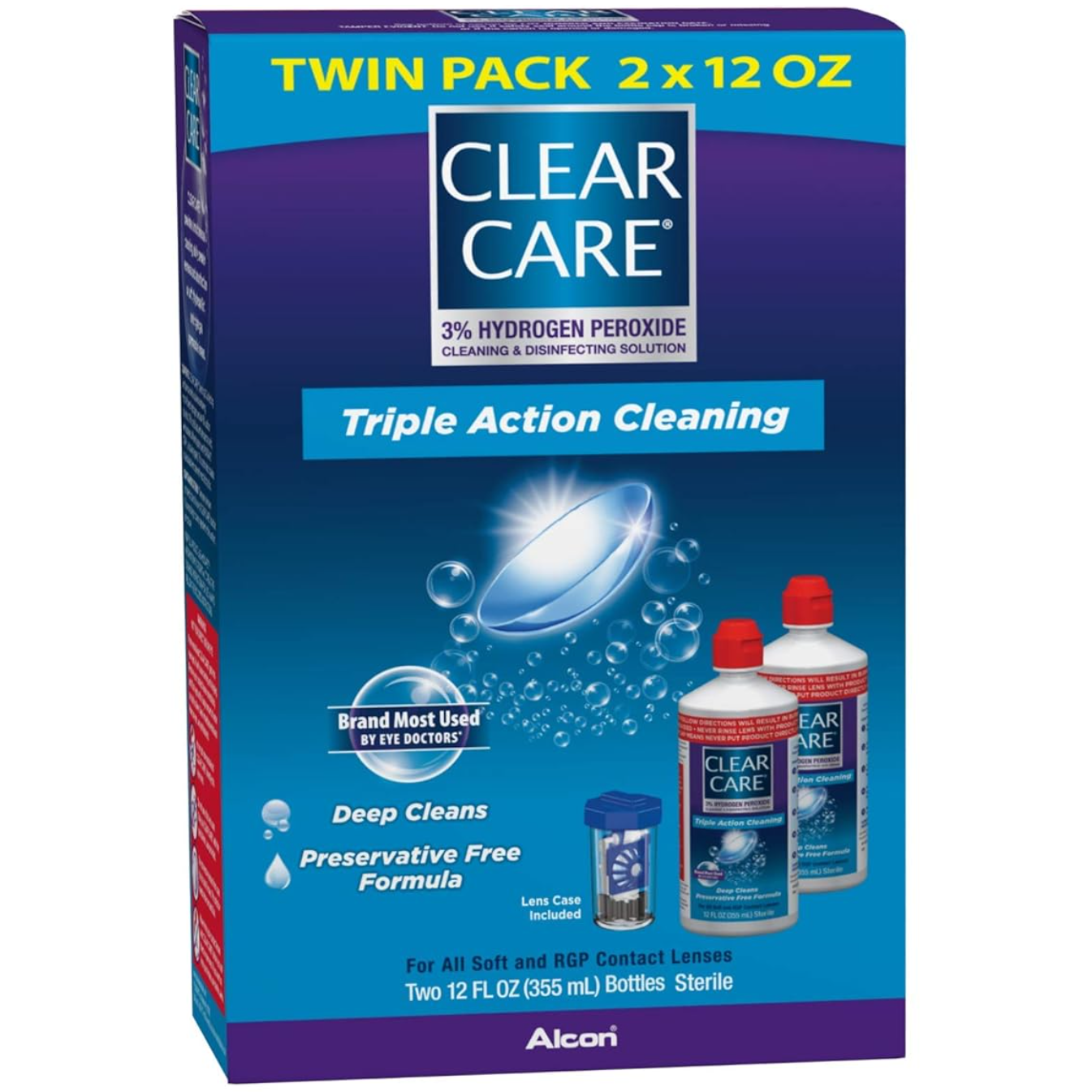 Clear Care Triple Action Cleaning and Disinfecting Solution with Case, Twin Pack, Multi, 12 Oz, Pack of 2