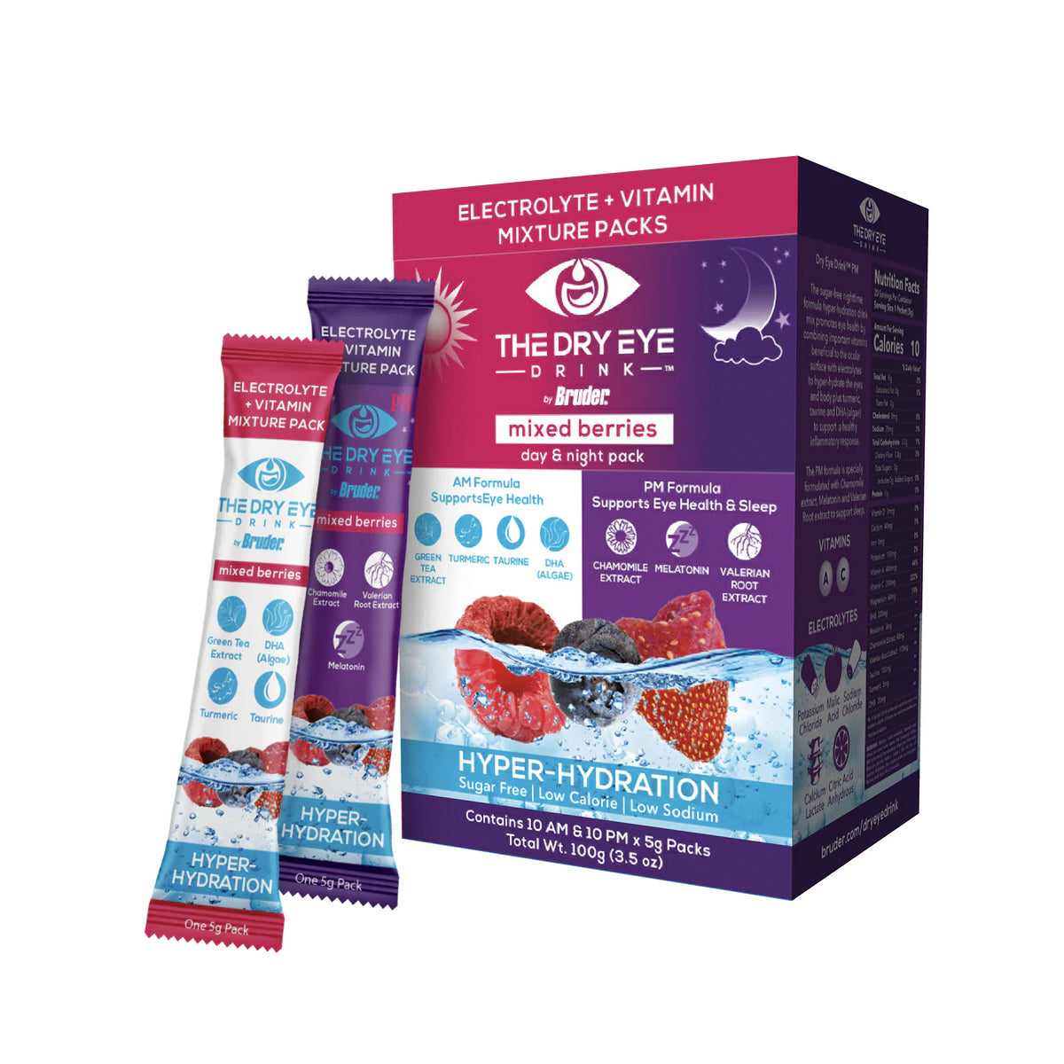 The Dry Eye Drink, Sugar-Free Electrolyte Powder Packets, Blended with Vitamins, Green Tea, Turmeric, Taurine, and DHA (20 Packets of Mixed Berry AM/PM)