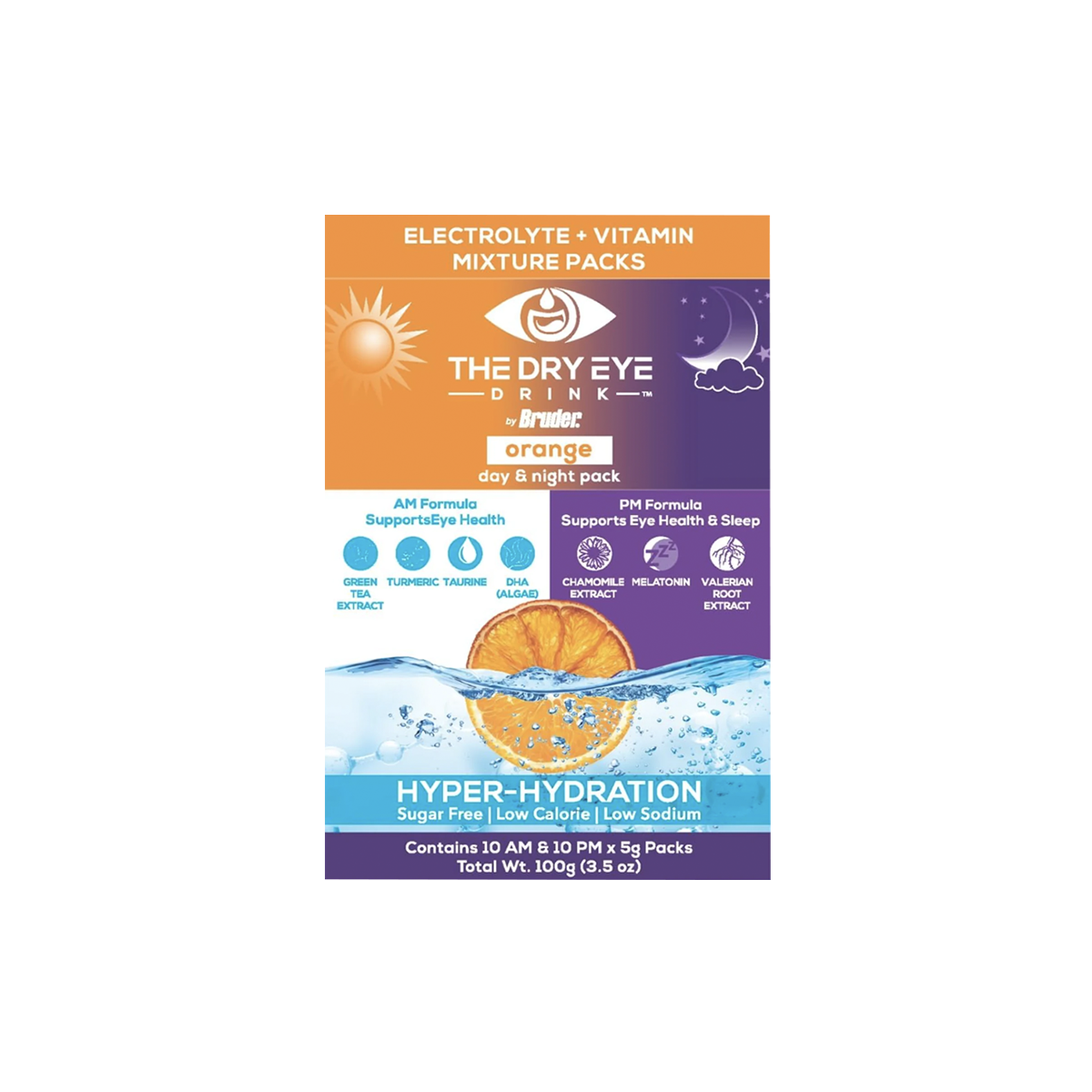 The Dry Eye Drink, Sugar-Free Electrolyte Powder Packets, Blended with Vitamins, Green Tea, Turmeric, Taurine, and Omega 3 (20 Packets of Orange AM/PM)