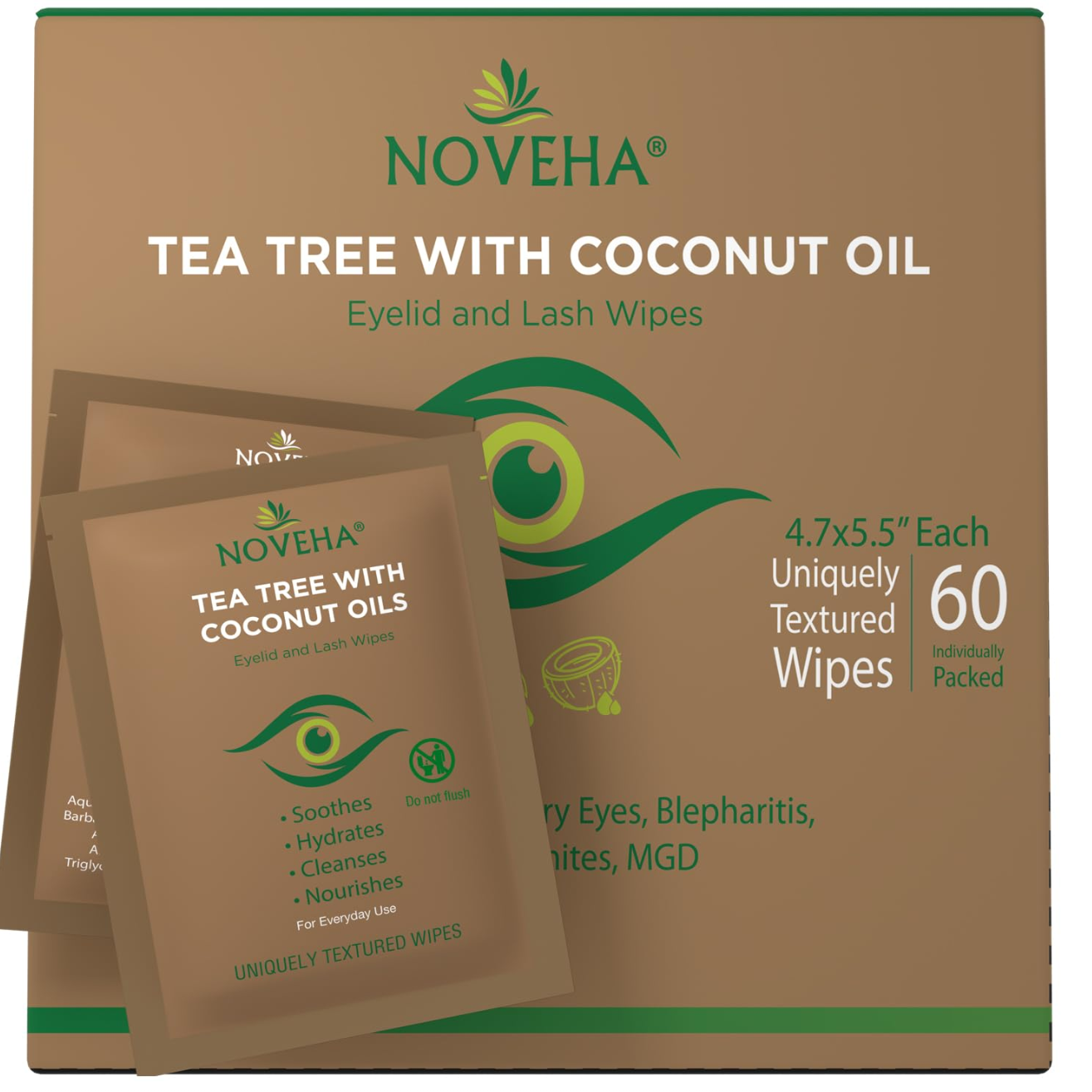 Noveha Tea Tree & Coconut Oil for Eyelid Wipes with Aloe Vera (60ct)