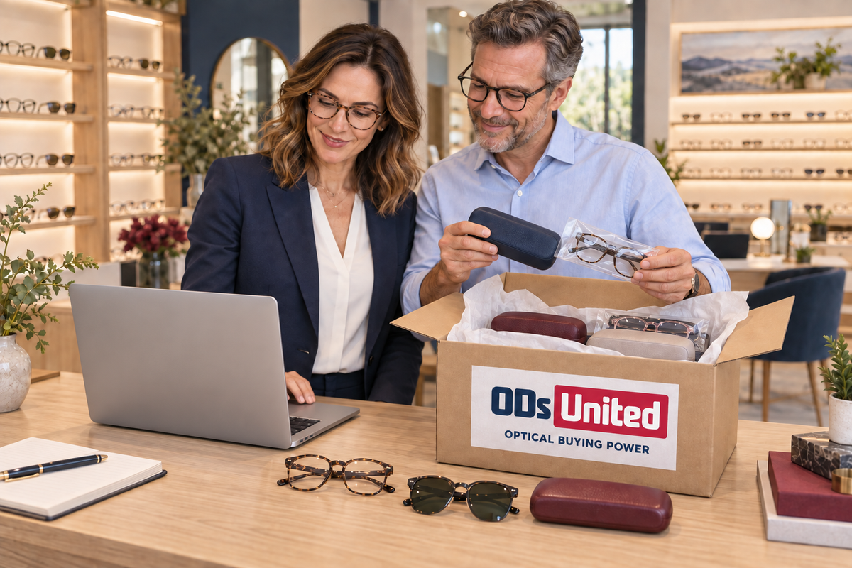 Optical professionals ordering online and unpacking an ODs United delivery of new frames and cases