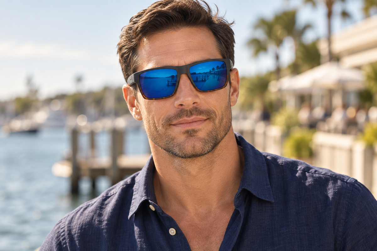Man wearing blue mirrored sunglasses outdoors by the waterfront